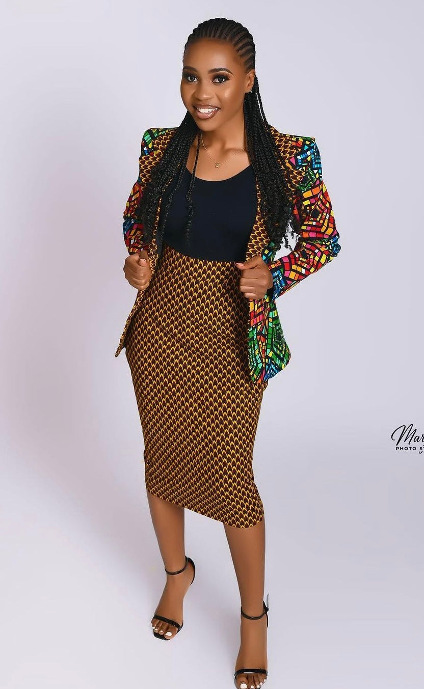 African Print Multicolor Blazer & skirt 2pc set