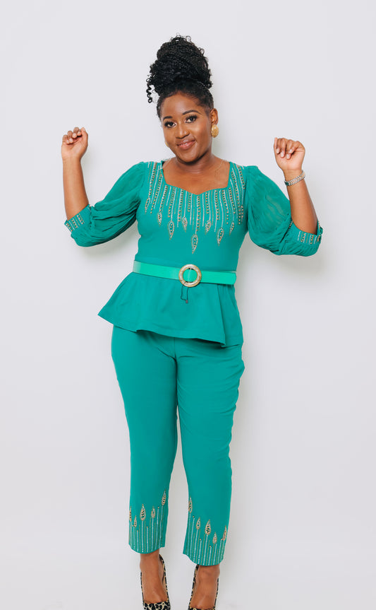 Belted Rhinestone 2Piece Pant Set