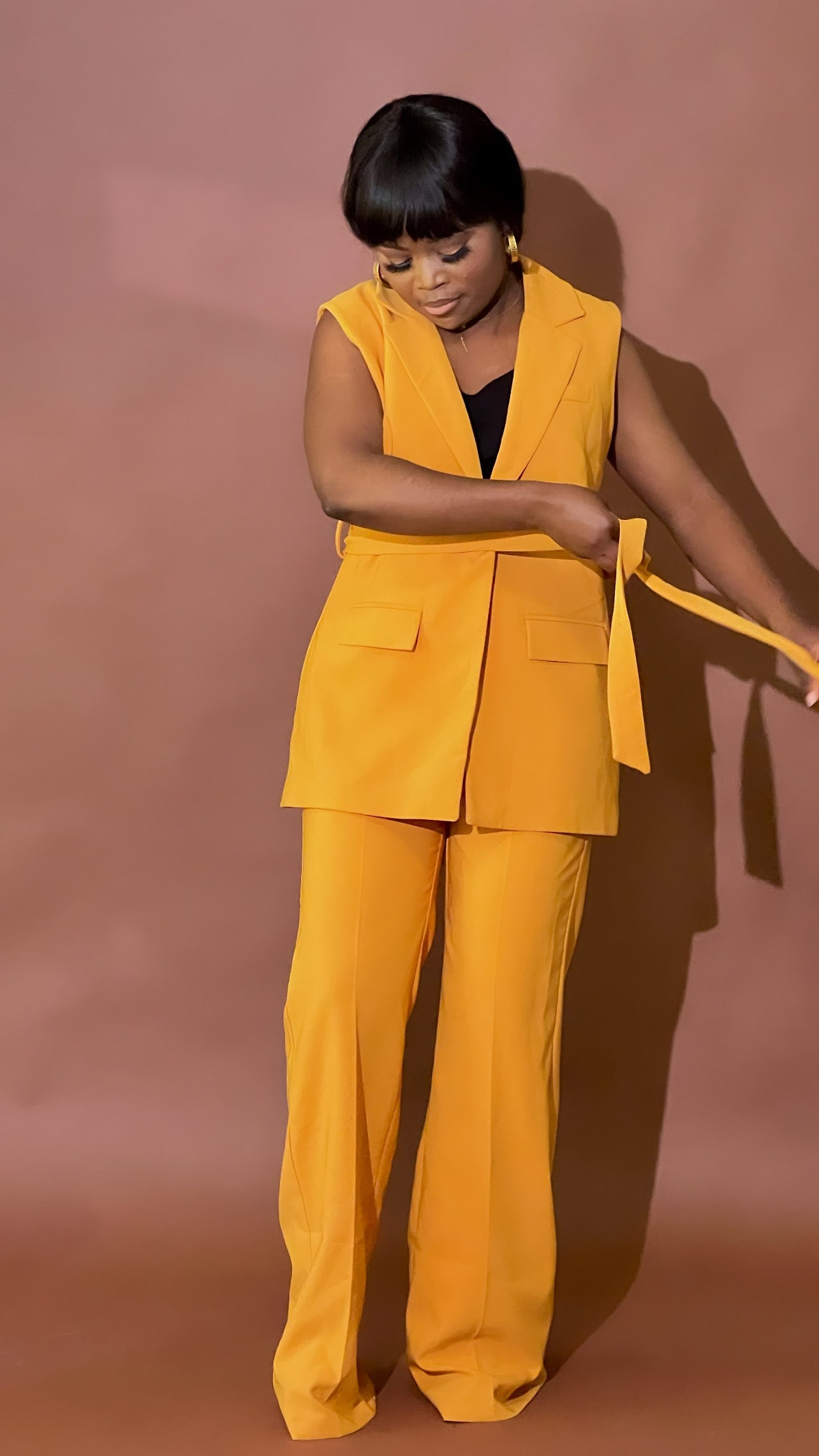 Belted Palazzo Pant Set (Mustard)