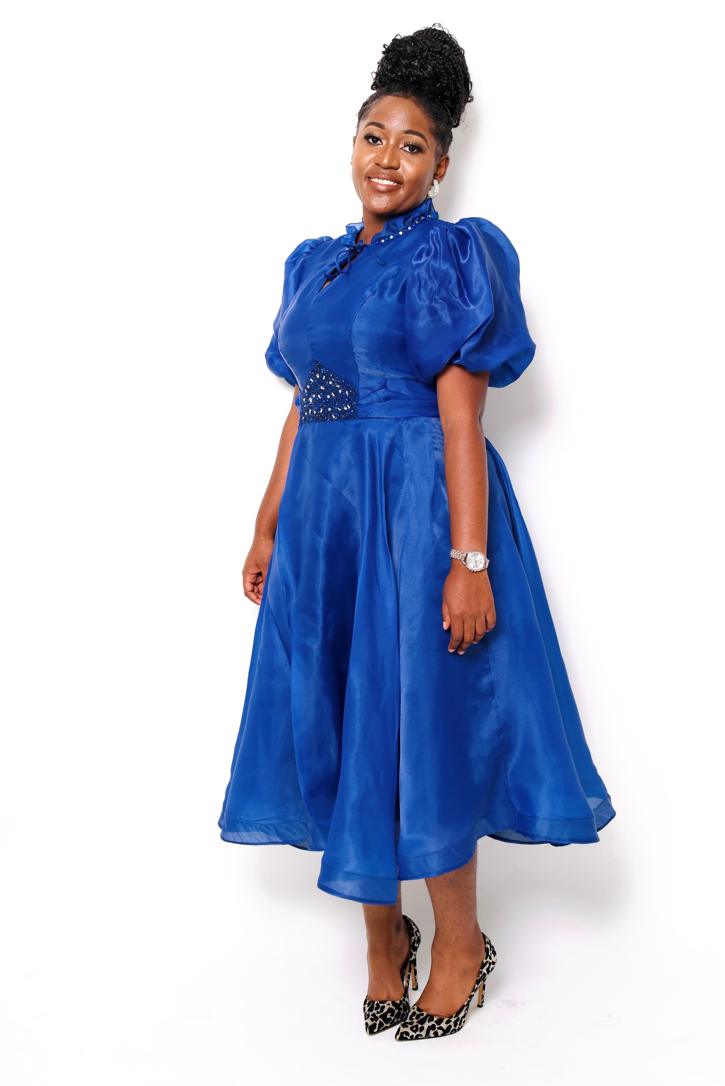 Puffy shortsleeve belted Midi Dress