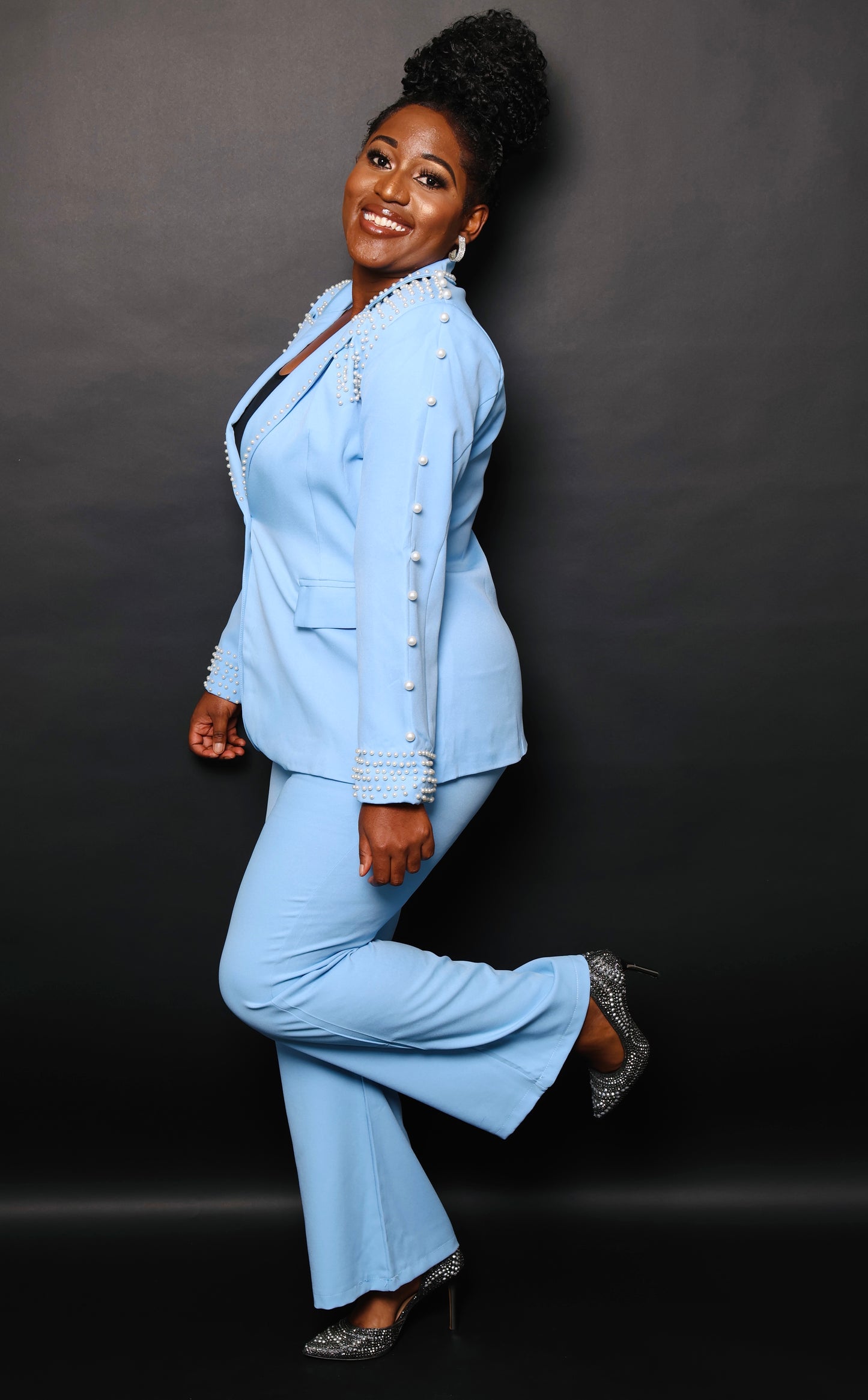 Elegant beading pant suit Set (skyblue)