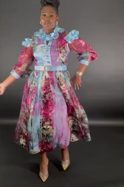 Belted Elegant Mididress (purple&blue)